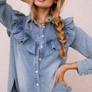 Pilcro Ruffled Chambray Buttondown